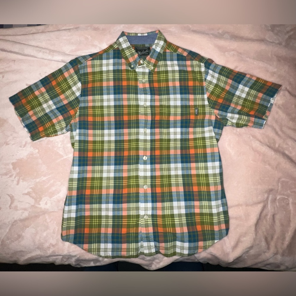 Woolrich Mens Button-down collared 100% cotton plaid camp shirt Olive Large